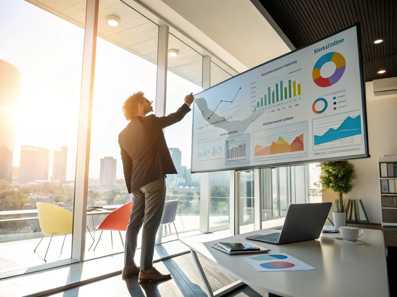 A professional business coach in a modern office setting, guiding a client through a strategic planning session, with visual aids like charts and graphs displayed on a large screen.