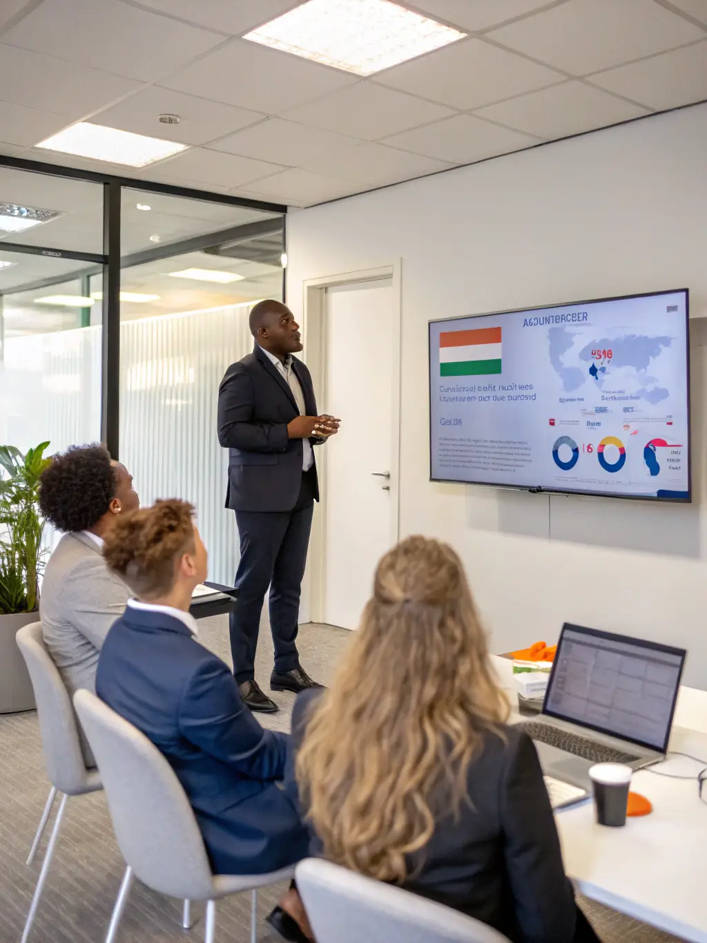 A South African business leader confidently presenting a strategic plan to their team, showcasing data-driven insights and clear action steps.
