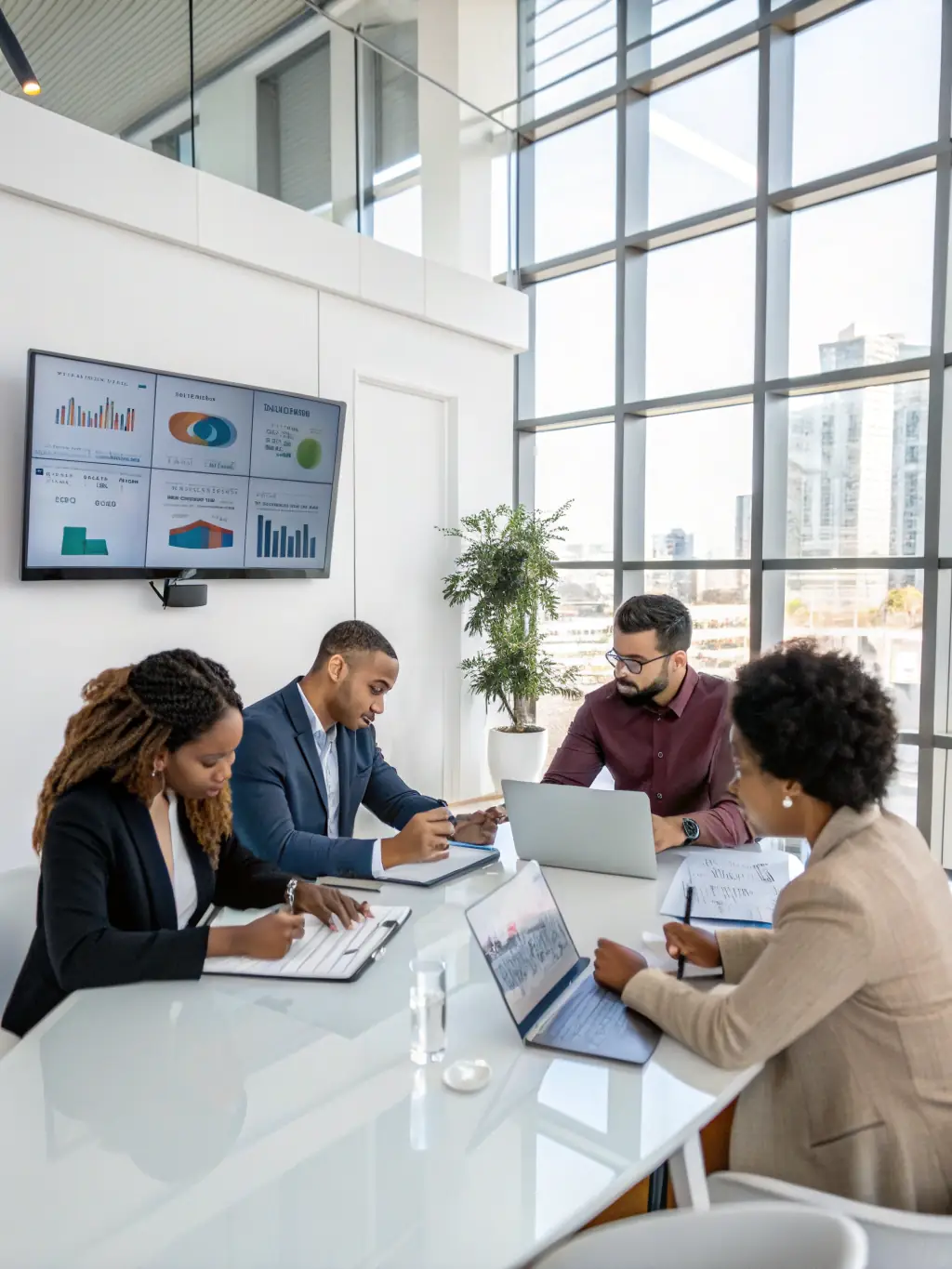 A diverse group of South African business professionals engaged in a lively brainstorming session, using sticky notes on a whiteboard to map out strategies.