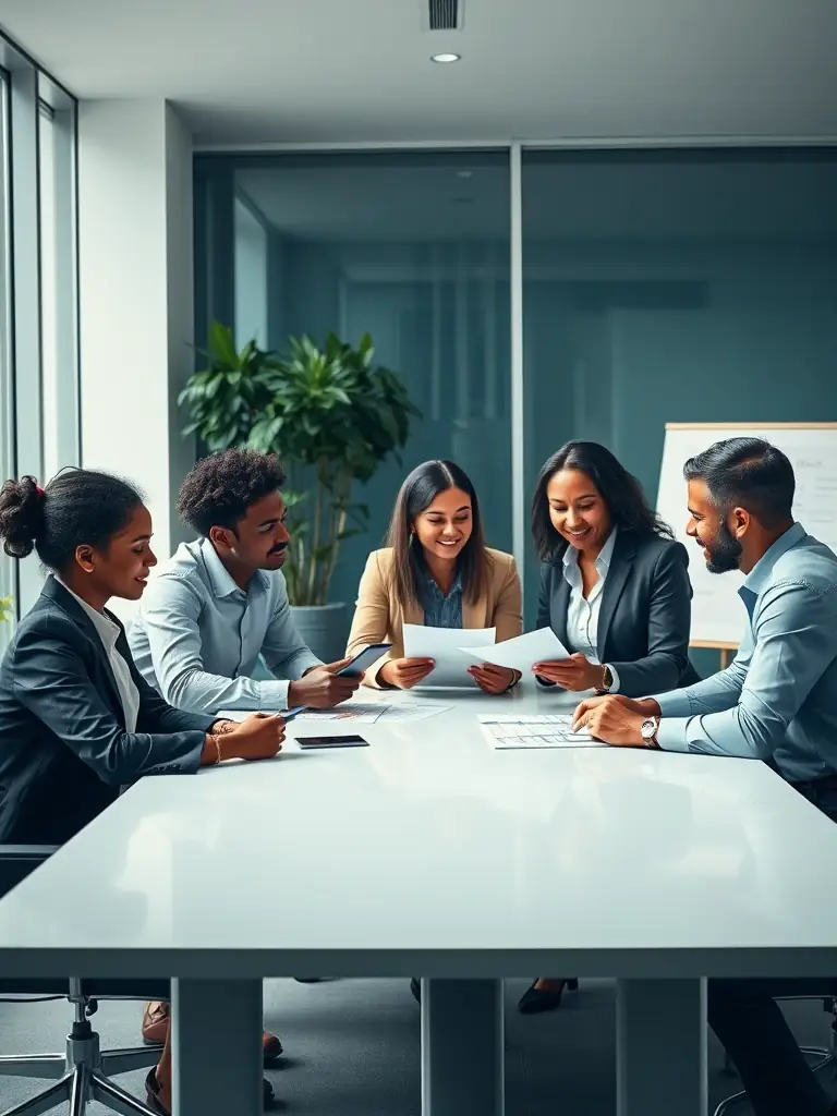 A diverse team of professionals collaborating on problem-solving strategies in a modern office setting, with South African cultural elements subtly incorporated.