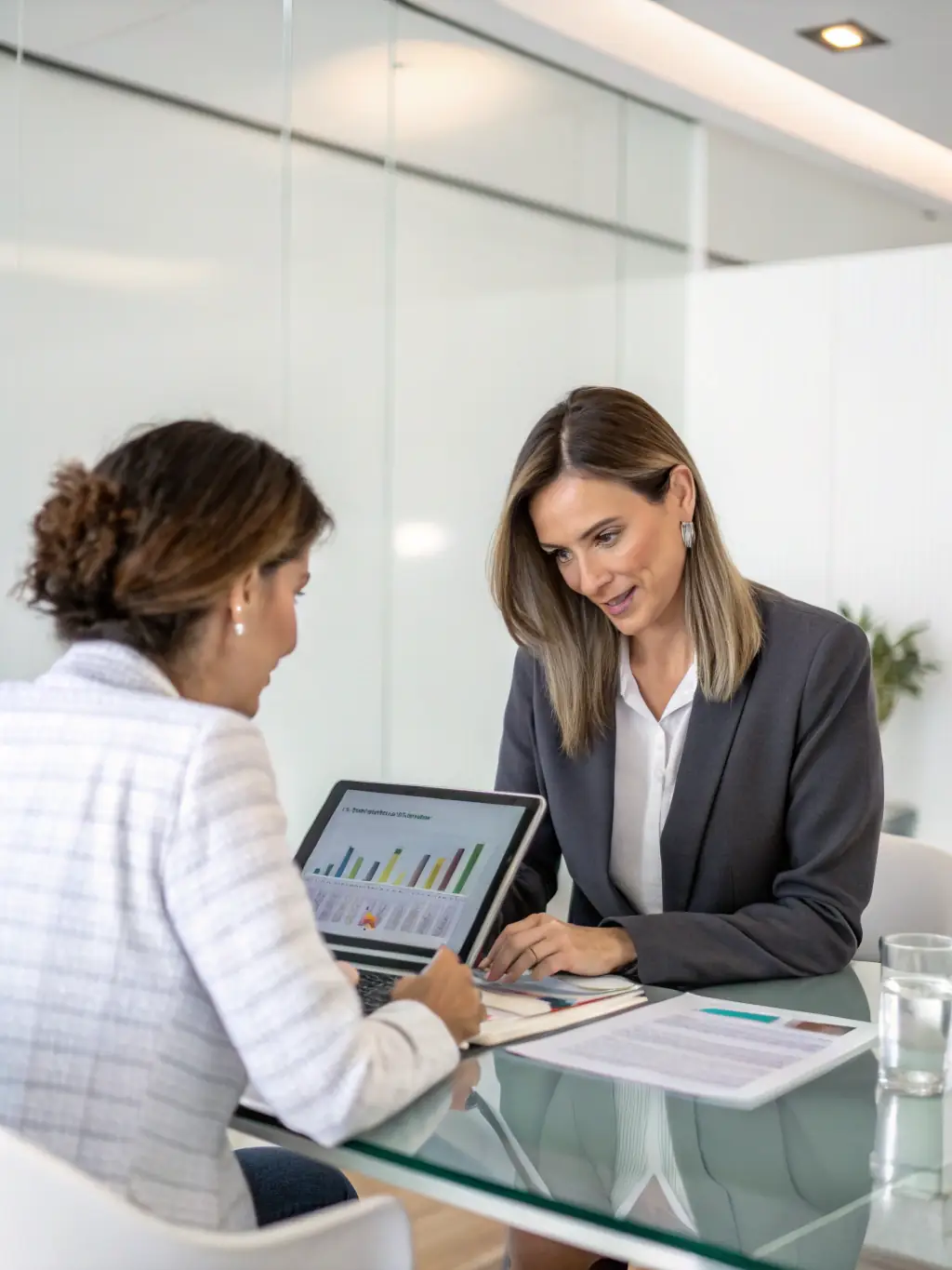A South African business coach facilitating a one-on-one session with a client, using a digital tablet to review performance metrics and set new goals.