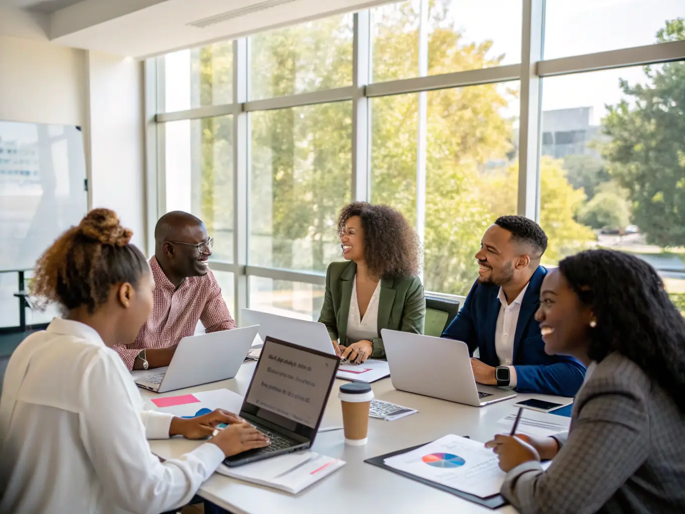 A diverse team of professionals collaborating in a workshop, brainstorming ideas and developing innovative solutions, facilitated by a business coach.