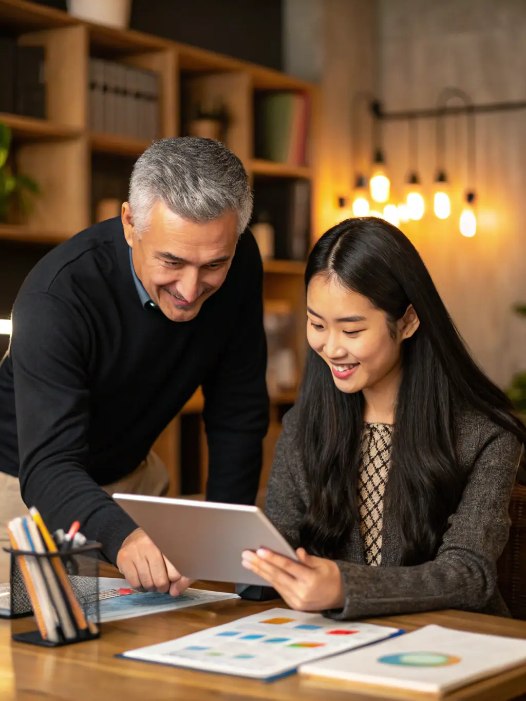 A mentor guiding a business owner through a strategic planning session, using data analytics and market insights specific to South Africa.